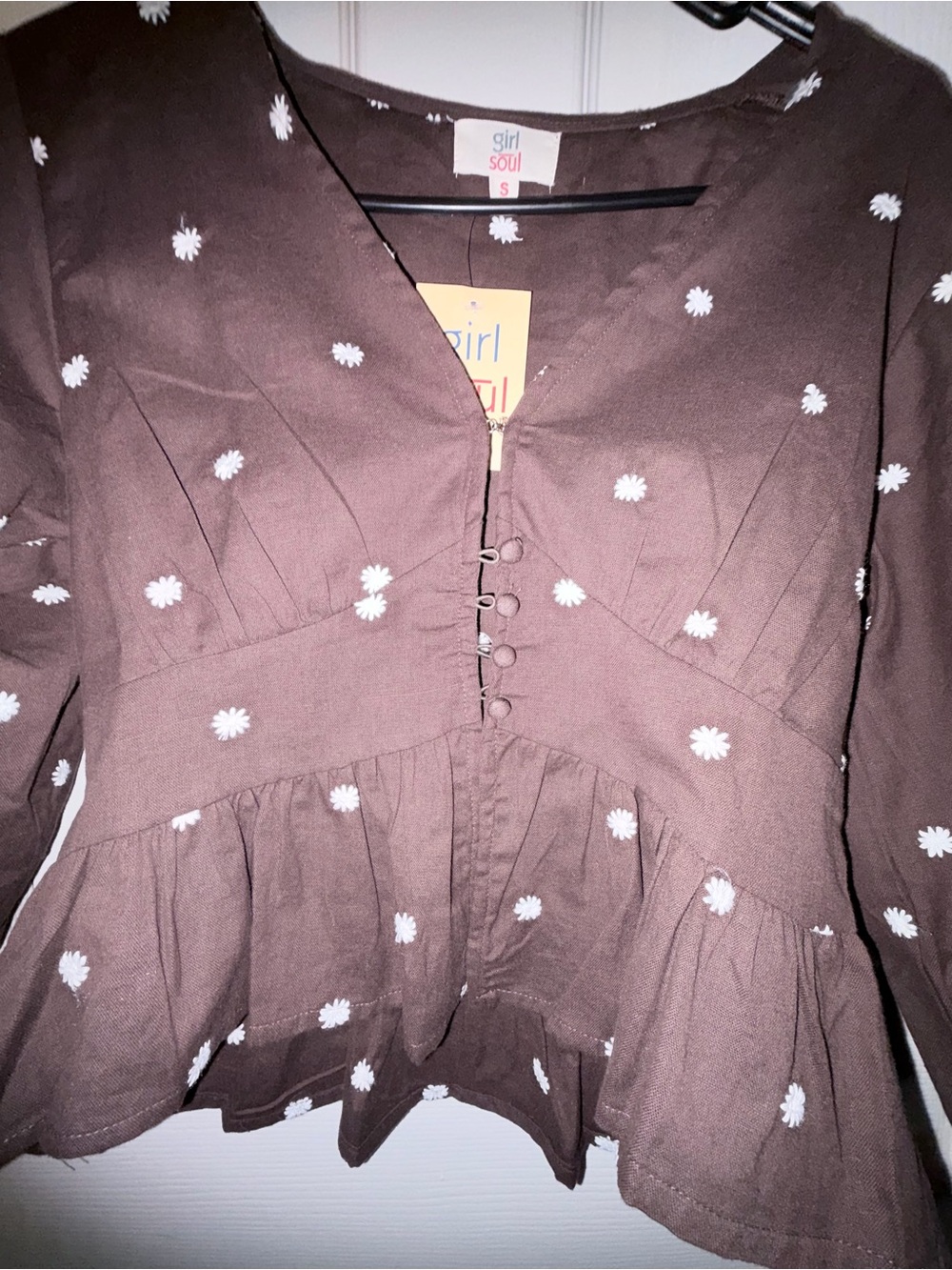 Brown Daisy-Print Peplum Blouse 100% Cotton - Picture 6 of 8
